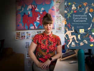 eventually everything connects. Image is of woman with hair up wearing a read patterned dress and sitting with hands in lap.