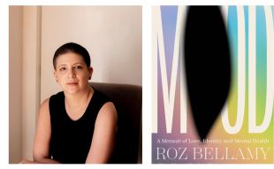 Mood. Image is non-binary person with short dark hair and sleeveless black top sitting in a chair, right is a book cover of pastels, the word MOOD in large letters and a big black blob in the middle of it all.