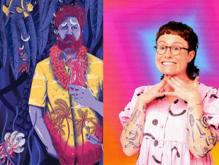 Wil Greenway, Scout Boxhall. Images are on the left an illustration of a man with a beard in a yellow shirt, wearing a garland of flowers around his neck, and on the right a person with a mullet haircut and glasses touching their neck with tattoo covered arms.