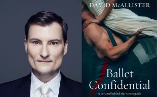 Ballet Confidential. A two part image with a man in dark suit, white shirt and white tie with very defined cheekbones on the left and a book cover of the torsos of a male and dancer lifting a female dancer on the right.