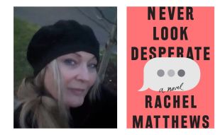 never look desperate. image is red book cover on right with woman in black beret on left.