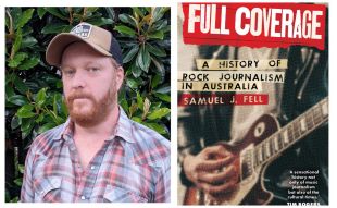 Full Coverage. Image is twofold: on the right a book cover with the words Full Coverage in white on a red background over a leather jacket clad guitarist, so all we can see is the musician's torso and hand. On the left is an author head and shoulders shot of a man with a ginger beard, brown and black baseball cap and checkered shirt.