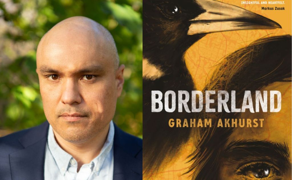 Borderland. Image is two fold - on the left a bald headed Indigenous man in a blue shirt and dark jacket, on the right a book cover with a magpie looming over a young Indigenous boy.