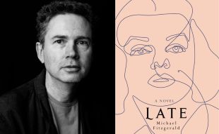Late. Image is black and white author's headshot on left – clean shaven man with short hair and dark jacket. On the right is a pink book cover with a pencil outline drawing of a face.
