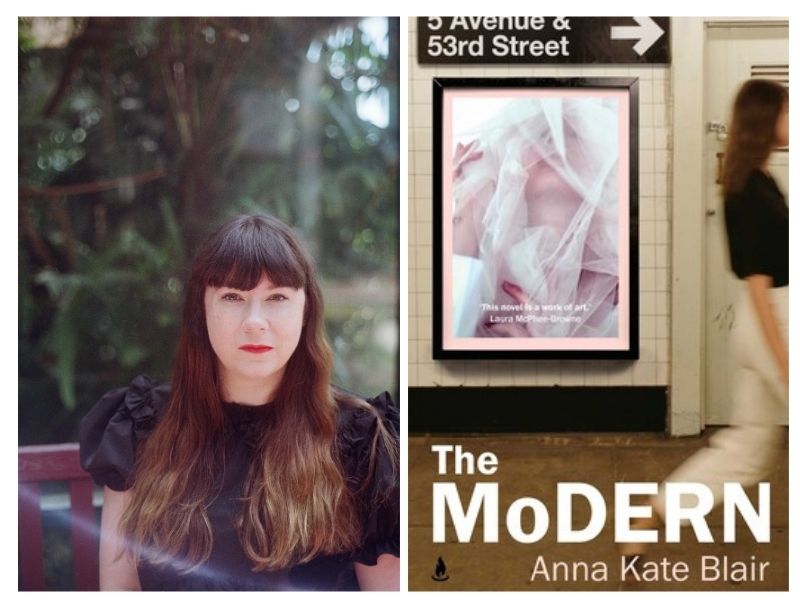 The Modern. Twofold image shows young woman with long brown hair on the left and a book cover of a woman in a gallery on the right.