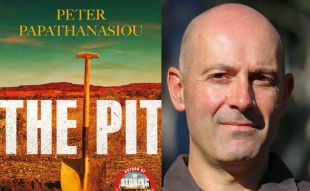 The Pit. Image is a book cover on the left of a remote Australian red dirt setting and a shovel. On the left is the author's image, a head shot of a bald man.