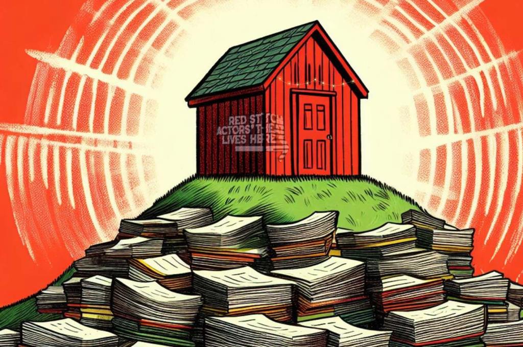 Red Stitch. Image is an illustration of a red shed atop a green hill and a pile of playscripts with sun beams emanating from behind it and a red sky.
