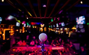 best of the fest. Image shows an audience from the seen from he stage with a microphone in the middle of the shot.