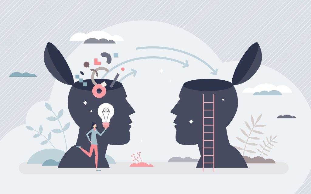 asian australian. image is a graphic of two silhouetted heads with the tops opening like trapdoors, one with a small ladder leading up to it and the one on hte left with myriad ideas and a small woman holding a lightbulb bursting out and following the arrows to the other head in an illustration of knowledge sharing.