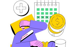 Sick pay for artists and arts workers. Image is an illustration of a person with a purple jumper in bed holding their head and a thermometer under their arm. A table has a glass of water and a tablet on it and there is a calendar on the wall. Also some coins are hovering in the image.