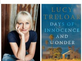 Days of Innocence and Wonder. Image is an author's shot on the left of a woman in a blue T shirt with a blond bob and cradling her chin in her hand and a book cover on the right showing a blue sky and a broken down old cottage.