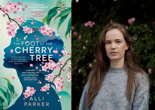 Cover of At the Foot of the Cherry Tree and a picture of the author, Alli Parker, a young woman with long brown hair wearing a blue/grey jumper.