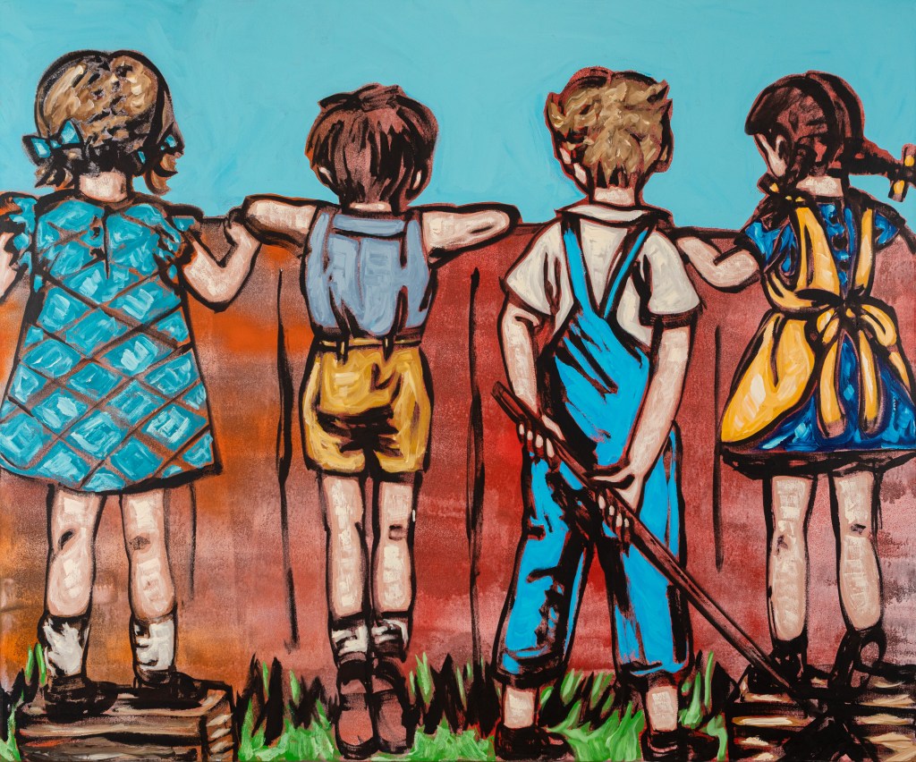 Bromley. Image Is An Illustration Of Four Young Children With Their Backs To Us Looking Over A Fence. One Is Holding A Stick.