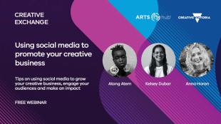 Creative Exchange Webinar #5 - Image of a purple, lilac and blue background and three circles containing headshots of a dark skinned woman with large round earrings, a woman with long brown hair, and a Causcasian woman with wavy blonde hair