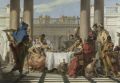 Italian art. 18th century oil painting of a croweded lavish outdoor Italian banquet set against a Roman architecture style forum.