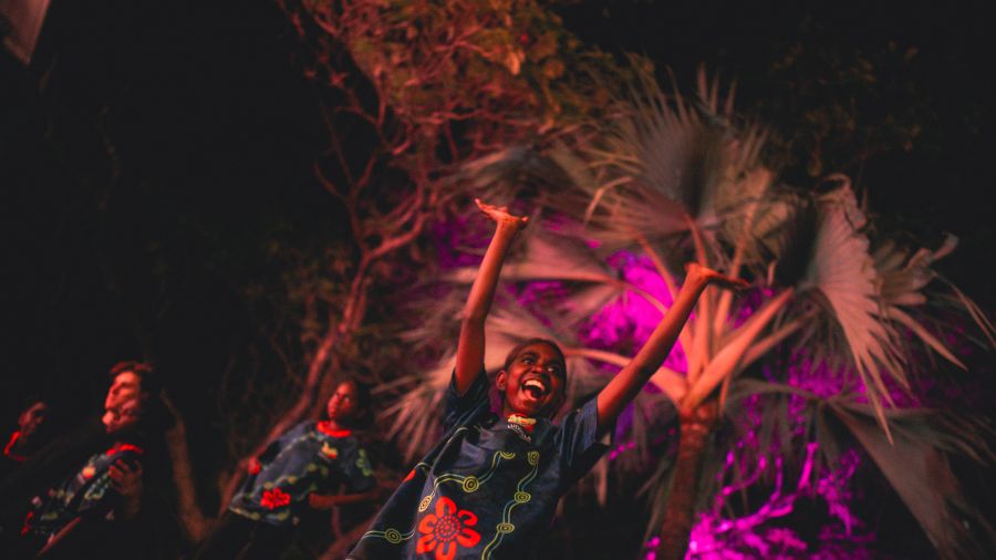 circus. Image is gleeful young girl throwing arms up in the air, in front of palm tree lit up by coloured lights against a dark sky. Other performers in the same t-shirt can be seen behind and to the side of her.
