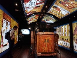 Ramses. Image is a person in an exhibition looking at a range of Ancient Egyptian artefacts and an outer coffin.