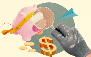 Creative NZ. Image is illustration of a piggy bank, a hand holding a magnifying glass, a dollar sign and some coins.
