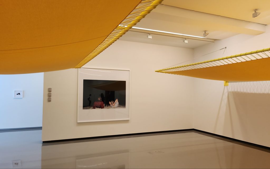 Paul Knight. Image is a large empty gallery save for one photographic image on a wall. There are different yellow planes jutting out from the walls.