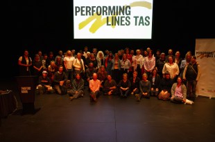 Performing Lines Sector Day Tasmania, large group of people sit and stand for a photo call.