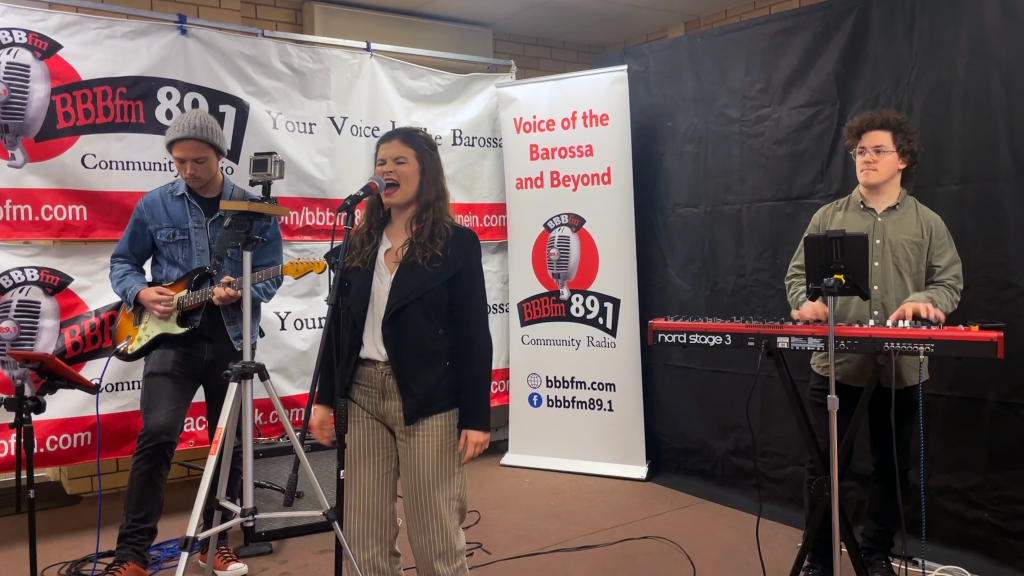 Live@BBBfm Barossa October performance by Sarah-Jo Bramfit with Tyler Venter and David Goodwin. Photo: Ekkia Evans.