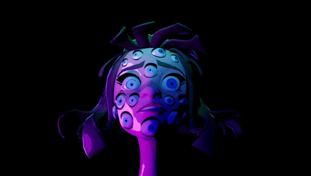 games. Image is an animated face covered in eyes and looking worried against a black background.