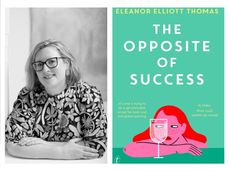 The Opposite of Success. Image is a black and white author's pic of a woman in a flowery blouse with glasses and shoulder length hair parted on the side, sitting with arms crossed on a table. She is smiling at the camera. On the right is a green and pink book cover with an illustration of a cheerless woman with her chin on her arm, behind a wine glass.