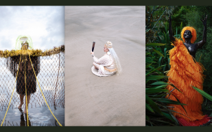 Asia Topa. Image is triptych; on the left is a person walking on water, draped in fishing net and with long yellow ropes coming from their head; in the middle is a woman all in white, with a white headdress and long white hair down her back, sitting on grey sand holding up a black cudgel shaped object; on the right is a woman in a green lush jungle wearing a flamboyant orange fringed costume and headdress.