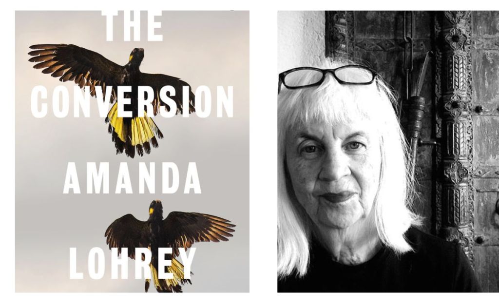 The conversion. Image is a book cover with two birds in flight seen from underneath on the left, and a black and white author headshot on the right of a woman with black jumper, shoulder length white hair and glasses on her head.