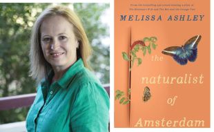 The Naturalist of Amsterdam. Image is a side on above the bust author's shot of a woman in a green shirt with light red shoulder length hair. smiling, and on the right an orange book cover featuring a sparse tree, two butterflies and a caterpillar.