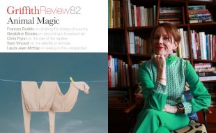 Animal Magic. Image on left is a magazine cover with a line of washing arranged to look like a camel. On the right is an author image of a woman in a bright green dress with red hair and glasses, leaning her chin on her fist.