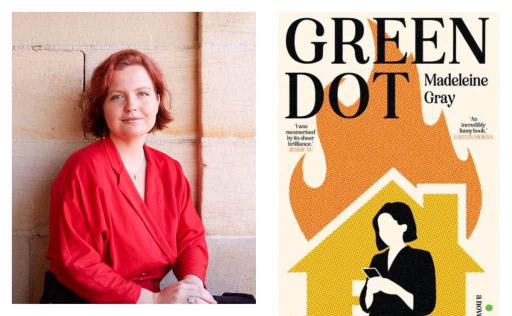 Green Dot. Image is of a woman from the waist up with short red hair and a red shirt, and on the right a book cover of a black and white illustration of a faceless woman in front of a burning house.