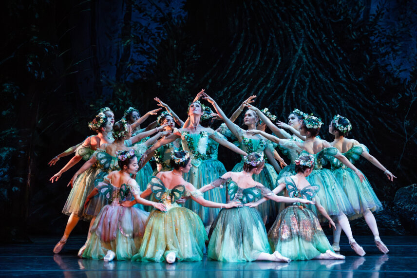 The Dream. image is of a large group of ballerinas in green tutus playing Shakespearean fairies.