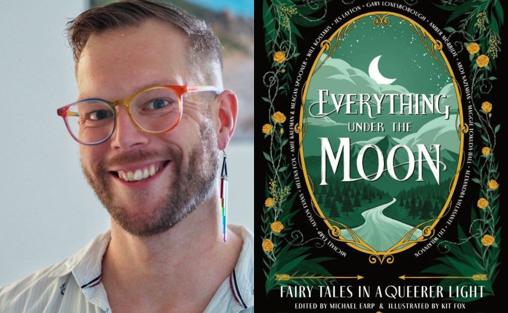 queer fairy tales. Image is a smiling bearded man with multicoloured framed glasses and one big dangly multicoloured earring on the left, and a book cover on the right depicting an oval green landscape image with a river and crescent moon, surrounded by foliage.