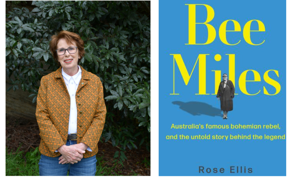 Bee Miles. Image is an author shot of a woman with short red hair, glasses and a tan jacket. On the right is a book cover in blue with large yellow lettering and the small figure of a woman.