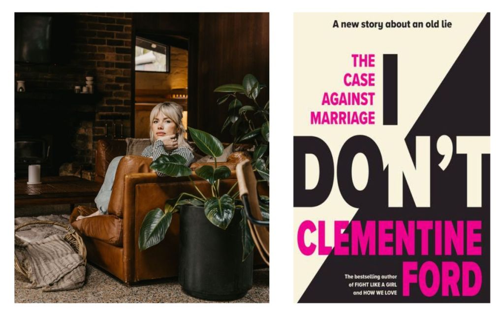 I Don't. Image is of an author sitting in a leather armchair, knees pulled up to her chest and with a hand under her chin looking at the camera. She is blonde and next to the chair is a large-leafed plant that is as tall as she is. On the right of the image is the book cover in black and white with a diagonal slant down the middle and the author's name in pink, plus the book's subtitle.