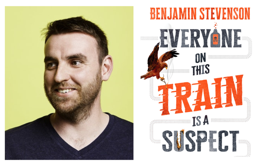 Everyone on this Train is a Suspect. Image is an author headshot of a bearded, dark haired man with a black v neck t-shirt, against a yellow background, and on the right hand side a book cover of the book's title in large font and a bird of prey with wings outstretched.