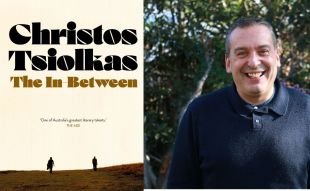 The In-Between. image is a book cover showing two tiny figures on the horizon beneath the book's title, next to a head and chest shot of the author on the right, a smiling middle-aged man in a black buttoned up shirt, standing in front of foliage.