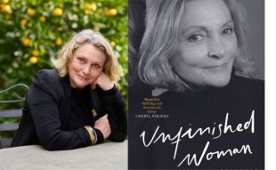 Unfinished Woman. Image is two side by side shots of a woman in a black jumper with shoulder length blonde hair. She is smiling in both. On the left is a colour shot of her leaning on her elbow with her cheek on her fist, and on the right is a black and white book cover with the title in cursive white font at the bottom.