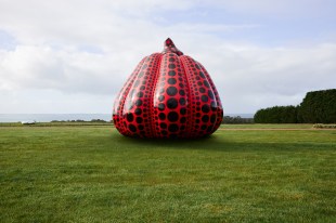 Yayoi Kusama. Image is a large red and black pumpkin sculpture in a grassy expanse.