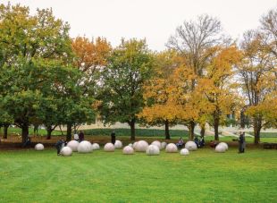 War memorial art. A sculpture garden with green grass, some trees and a series of smooth sphere-shaped stone droplets placed on the grass around the trees.