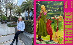 Female Gaze. Image is a full body shot of the author in a blue shirt and black pants, sitting on a wall with palm trees behind her, and on the right a book cover with an image of two women in red and green, one bending over.