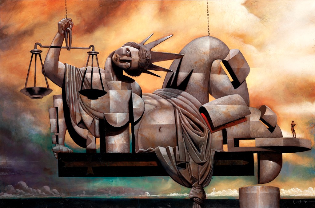Lawyer turned artist Brett Lethbridge's 'Justice' depicts the scales of justice. It is the cover artwork of 'Research Handbook on Art and Law', co-edited by McCutcheon about art and law's interactions. Image: Supplied.