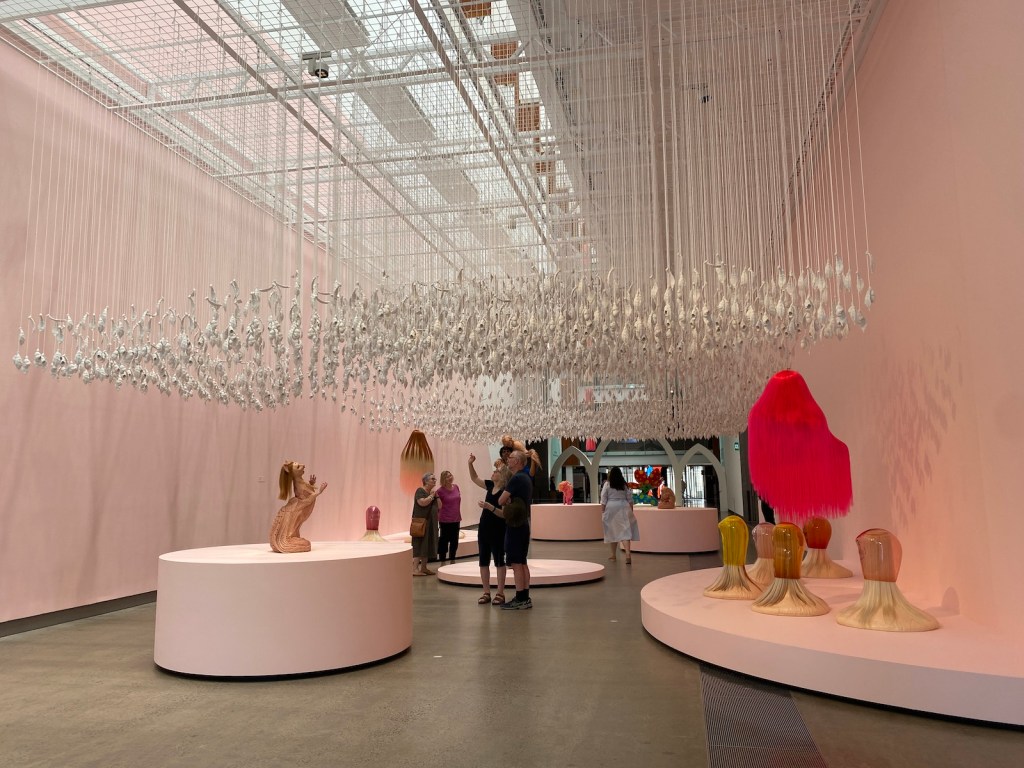 Fairy Tales. Installation of artwork in gallery with pink walls