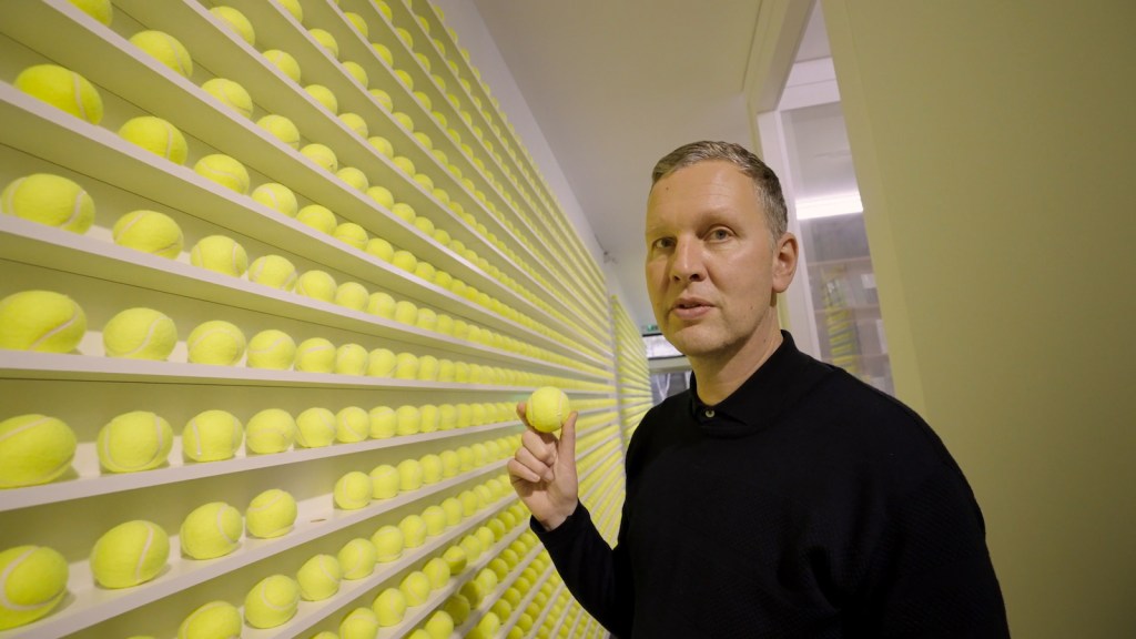 Shrigley. Man holding tennis ball in gallery