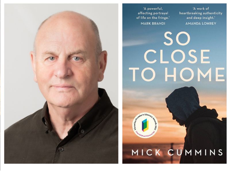 So Close to Home. Image is an author headshot on the left of a bald headed middle aged man in a brown shirt and a book cover depicting a sky at sunset with the silhouette of a young man in a hoodie in the foreground, on the right.