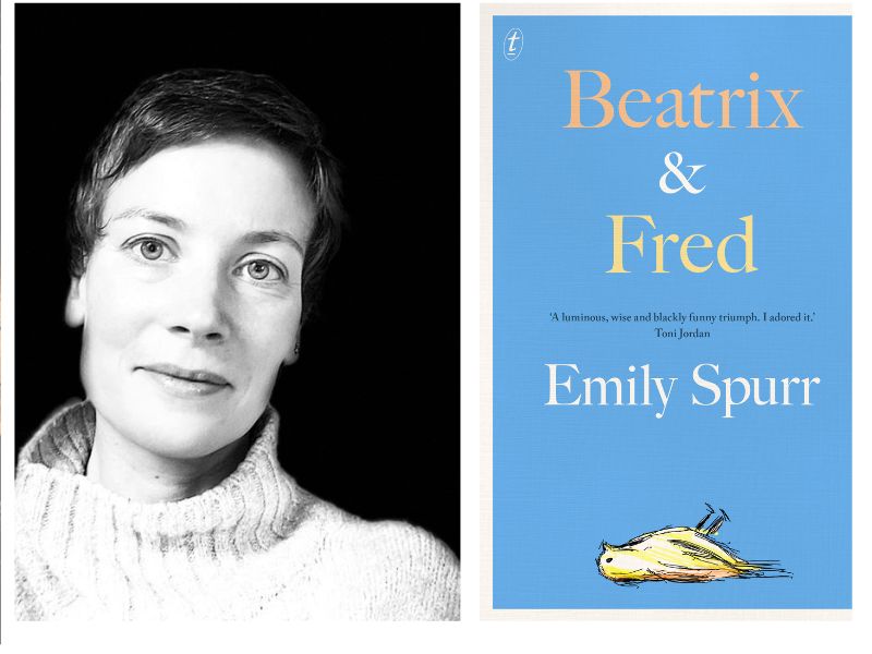 Beatrix & Fred. Image is a black and white headshot of the author on the left, she has dark hair and polo neck jumper. On the right is a blue book cover with the title and a dead (upside down) canary at the bottom of the image.