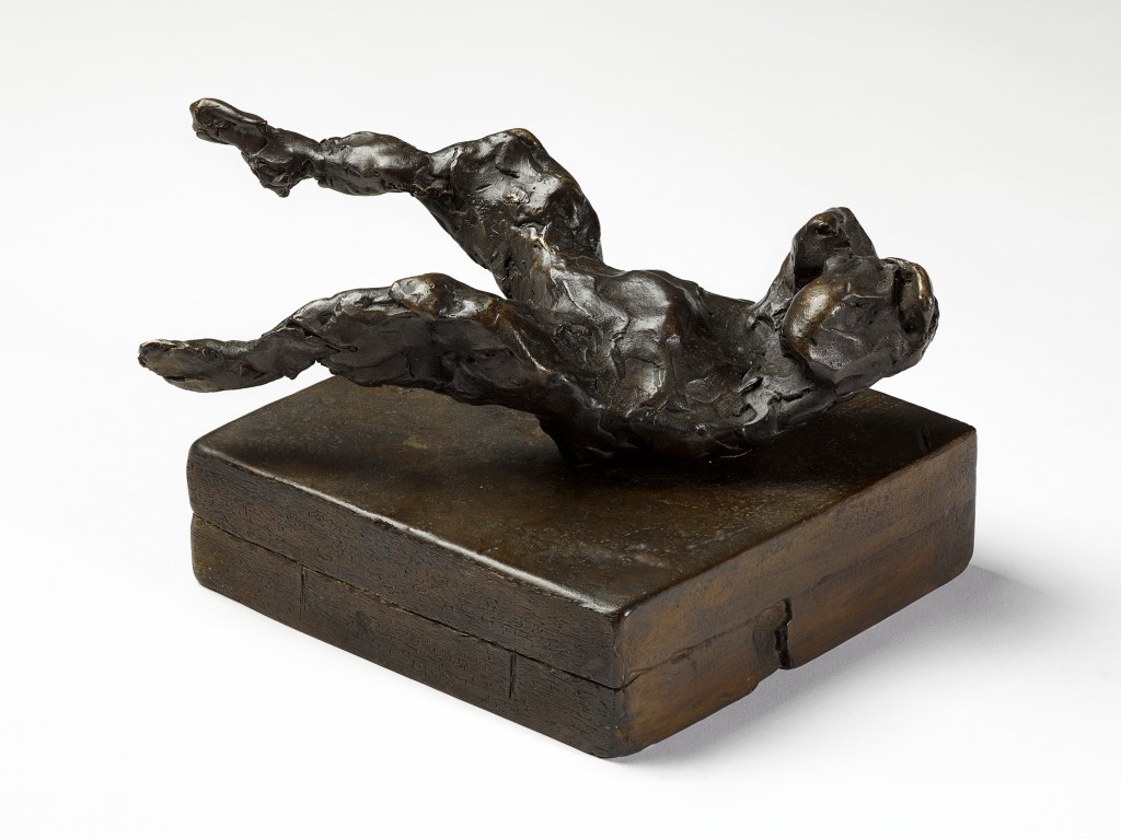 One of three small bronze sculptures in the NGV Triennial. Tracey Emin, ‘Wanting’, 2014. Image: Tracey Emin. Photo: White Cube (Ben Westoby). A bronze sculpture of an abstract human figure with back on a square block and legs slightly raised. 