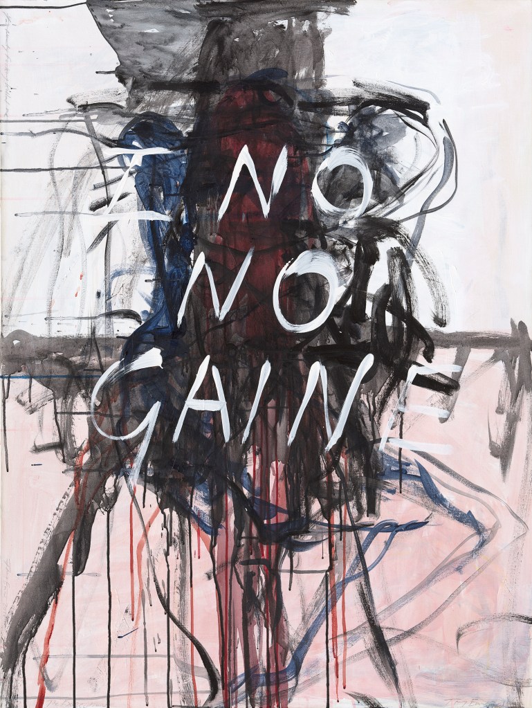 Tracey Emin, ‘The Execution’, 2018, acrylic on canvas. Image: Tracey Emin. Photo: White Cube (Theo Christelis). Painting with abstract brush strokes in black, red and blue with a soft-hued pink background. White text that reads ‘I NO | NO | GAINE’