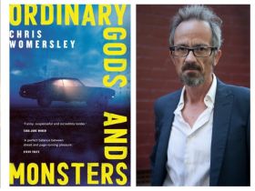 Gods and Monsters by Chris Wormersley. Image is a book cover on the left with a car with a light inside on a dark night, and on the right an author's shot of a grey haired and bearded man with glasses, a white shirt and a grey suit jacket.